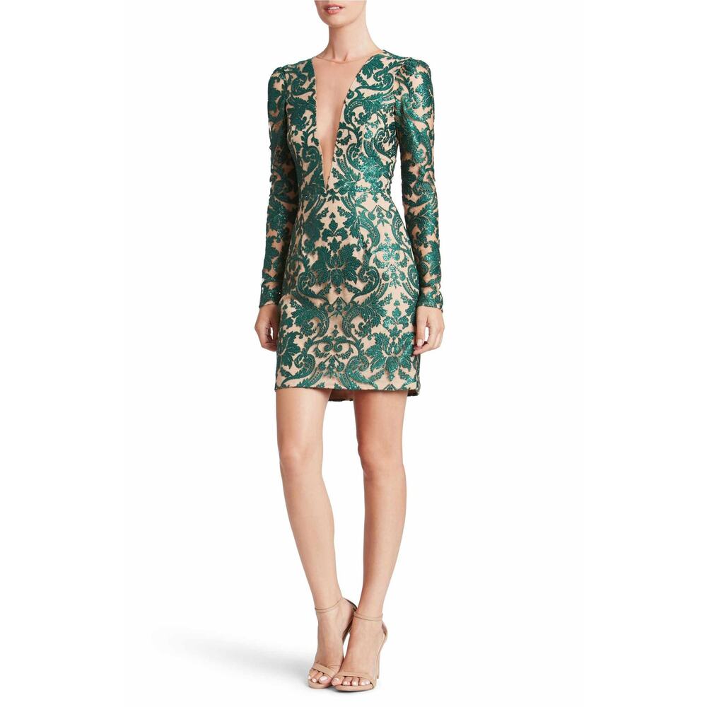 Green Embroidered Plunge Long-Sleeve Dress